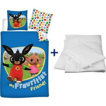 Komplett 4 részes Bing ovis ágynemű szett kék alapon Bing és Sula mintás huzattal (100x135, 40x60 cm) és fehér paplannal, párnával.