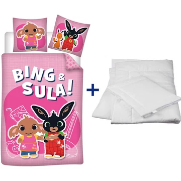 Komplett gyerek ágynemű szett óvodába: Bing &amp; Sula mintás kétoldalas takaró- és párnahuzat, fehér paplan-párna betét.