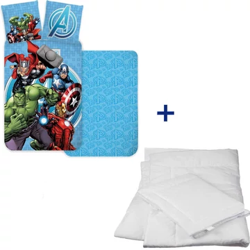 Bosszúállók Blue ovis ágynemű szett paplannal és párnával: Vasember, Amerika Kapitány, Hulk, Thor; kétoldalas takaró és párnahuzat. Bosszúállók Blue ovis ágynemű szett paplannal és párnával: Vasember, Amerika Kapitány, Hulk, Thor; kétoldalas takaró és párnahuzat.