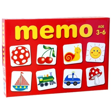Piros dobozos memóriajáték gyerekeknek, színes képekkel, köztük labda, cseresznye, csiga, napocska, hajó, vonat, autó és gomba mintával.