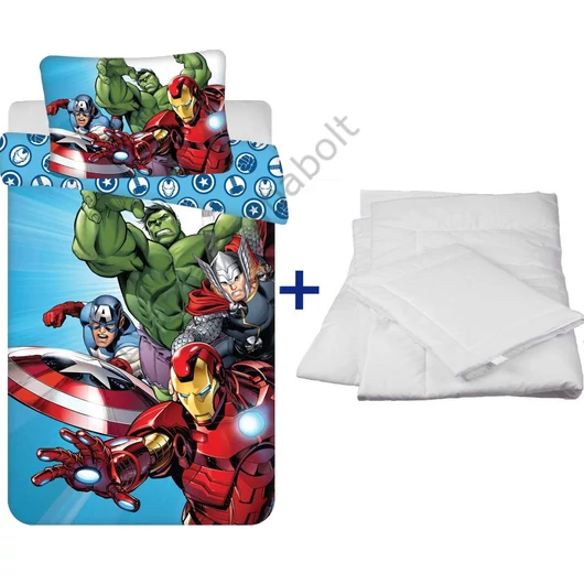 Bosszúállók Light Blue ovis ágynemű szett paplannal és párnával: Amerika Kapitány, Vasember, Hulk, Thor, kék logós hátoldalú kétoldalas takaróhuzat.