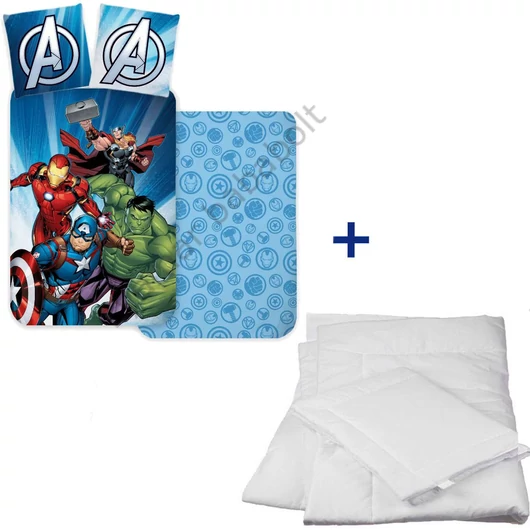 Ovis ágynemű garnitúra Bosszúállókkal (Vasember, Amerika Kapitány, Hulk, Thor), kétoldalas takaróval és párnával, paplan és párna szett mellékelve.