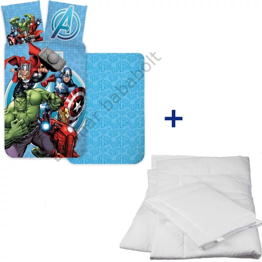 Bosszúállók Blue ovis ágynemű szett paplannal és párnával: Vasember, Amerika Kapitány, Hulk, Thor; kétoldalas takaró és párnahuzat.
