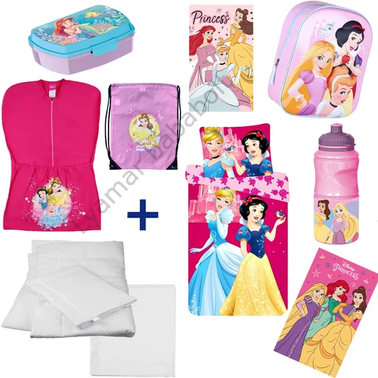 Disney Hercegnők 10 részes ovis kezdőcsomag, mely tartalmazza az összes felszerelést: ovis zsákot, többféle táskát, komplett ágynemű szettet, kulacsot, uzsonnás dobozt és higiéniai kellékeket.
