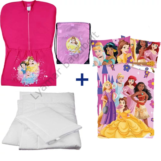 Disney Hercegnős 4 részes ovis zsák szett: rózsaszín hercegnős ovis zsák, hátizsákos tornazsák, hercegnős ovis ágyneműhuzat és hozzá illő paplan-párna szett.