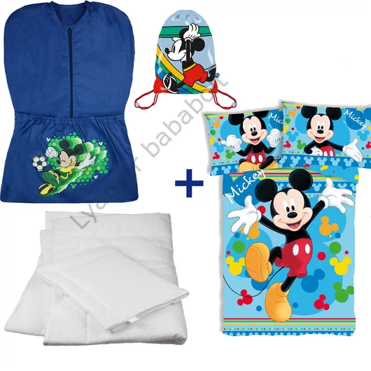 Disney Mickey 4 részes ovis zsák szett: kék focis Mickey ovis zsák, Mickey 'Run' tornazsák, Mickey 'Joyful' ovis ágyneműhuzat és hozzá illő paplan-párna szett.