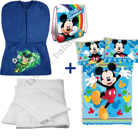 Disney Mickey 4 részes ovis zsák szett: kék focis Mickey ovis zsák, Mickey 'Hello Summer' tornazsák, Mickey 'Joyful' ovis ágyneműhuzat és hozzá illő paplan-párna szett.