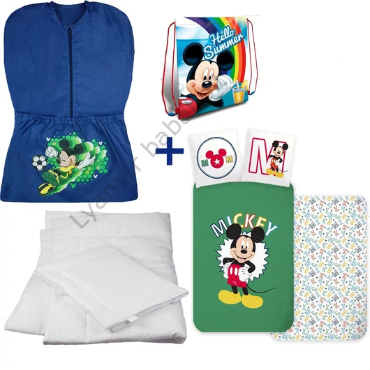 Disney Mickey 4 részes ovis zsák szett: kék focis Mickey ovis zsák, Mickey 'Hello Summer' tornazsák, Mickey 'Letters' ovis ágyneműhuzat és hozzá illő paplan-párna szett.