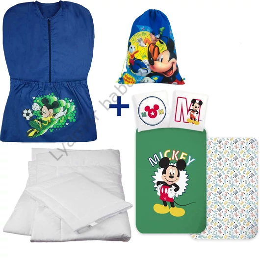 Disney Mickey 4 részes ovis zsák szett: kék focis Mickey ovis zsák, Mickey 'és Barátai' tornazsák, Mickey 'Letters' ovis ágyneműhuzat és hozzá illő paplan-párna szett.