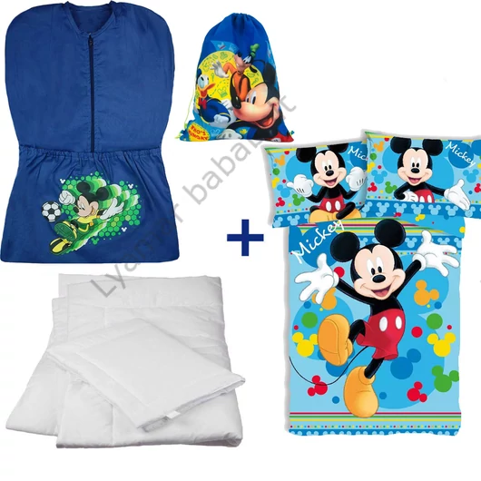 Disney Mickey 4 részes ovis zsák szett: kék focis Mickey ovis zsák, Mickey 'és Barátai' tornazsák, Mickey 'Joyful' ovis ágyneműhuzat és hozzá illő paplan-párna szett.