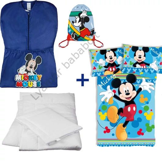 Disney Mickey 4 részes ovis zsák szett: kék Mickey ovis zsák, Mickey 'Run' tornazsák, Mickey 'Joyful' ovis ágyneműhuzat és hozzá illő paplan-párna szett.