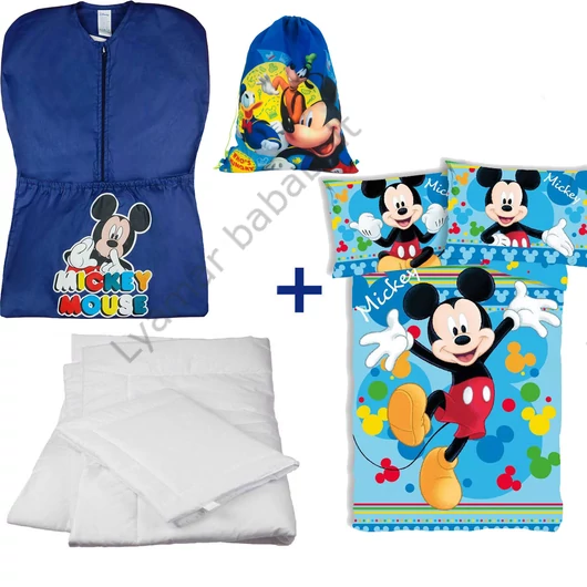 Disney Mickey 4 részes ovis zsák szett: kék Mickey ovis zsák, Mickey 'és Barátai' tornazsák, Mickey 'Joyful' ovis ágyneműhuzat és hozzá illő paplan-párna szett.