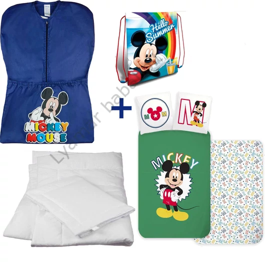 Disney Mickey 4 részes ovis zsák szett: kék Mickey egeres ovis zsák, Mickey 'Hello Summer' tornazsák, Mickey 'Letters' ovis ágyneműhuzat és hozzá illő paplan-párna szett.