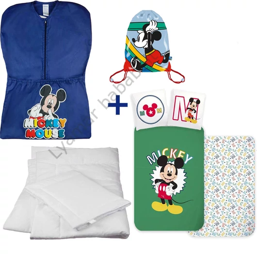 Disney Mickey 4 részes ovis zsák szett: kék Mickey ovis zsák, Mickey 'Run' tornazsák, Mickey 'Letters' ovis ágyneműhuzat és hozzá illő paplan-párna szett.