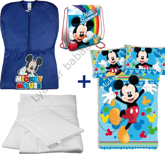 Disney Mickey 4 részes ovis zsák szett: kék Mickey egeres ovis zsák, Mickey 'Hello Summer' tornazsák, Mickey 'Joyful' ovis ágyneműhuzat és hozzá illő paplan-párna szett.