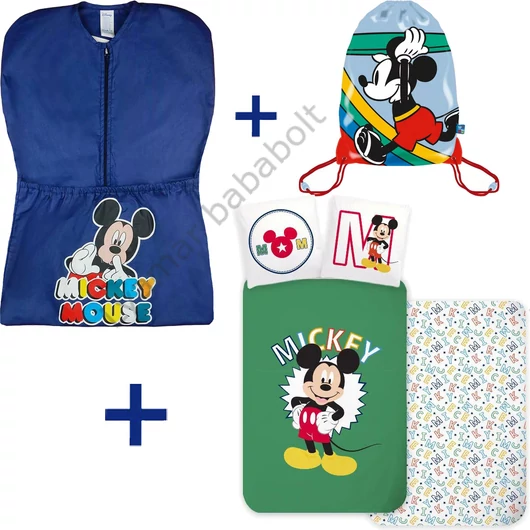 3 részes Disney Mickey ovis szett kék ovis zsákkal, Mickey hátizsákos tornazsákkal és Mickey egér mintás ovis ágyneműhuzattal.