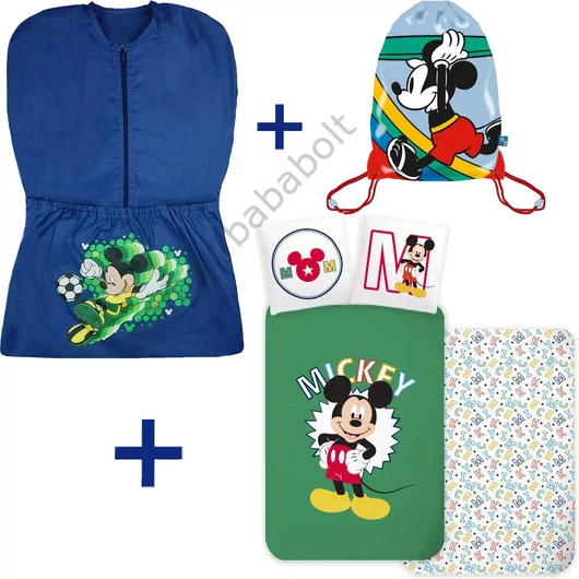 3 részes Disney Mickey ovis szett focis mintájú ovis zsákkal, Disney Mickey tornazsákkal és vidám Mickey egeres ovis ágyneműhuzattal.