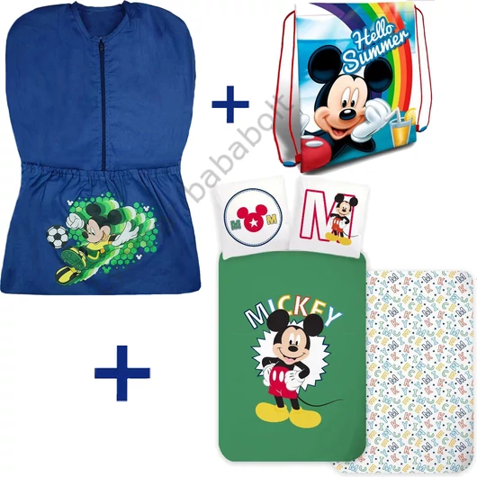 3 részes Disney Mickey ovis szett focis mintájú ovis zsákkal, &quot;Hello Summer&quot; Mickey tornazsákkal és vidám Mickey egeres ovis ágyneműhuzattal.