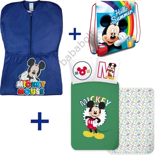 3 részes Disney Mickey ovis szett kék ovis zsákkal, Mickey hátizsákos tornazsákkal és Mickey egér mintás ovis ágyneműhuzattal.