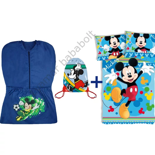 3 részes Disney Mickey ovis szett focis mintájú ovis zsákkal, Disney Mickey tornazsákkal és vidám Mickey egeres ovis ágyneműhuzattal.