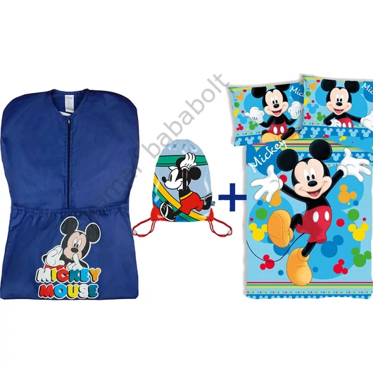 3 részes Disney Mickey ovis szett kék ovis zsákkal, Mickey hátizsákos tornazsákkal és Mickey egér mintás ovis ágyneműhuzattal.