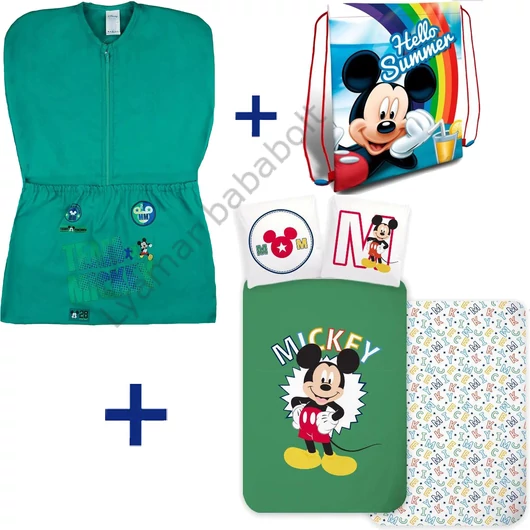 3 részes Disney Mickey ovis szett türkiz, sportos ovis zsákkal, &quot;Hello Summer&quot; tornazsákkal és kétoldalas ágyneműhuzattal.