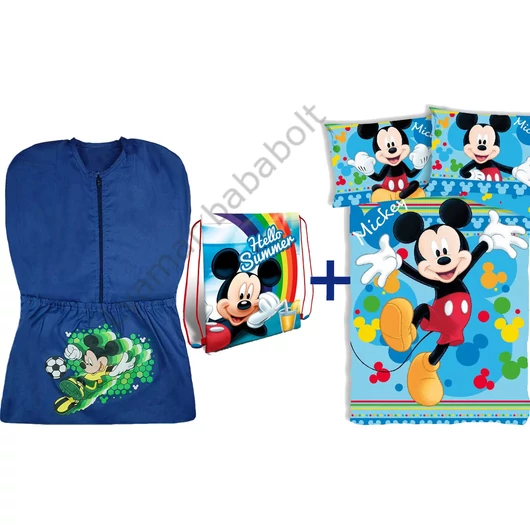 3 részes Disney Mickey ovis szett focis mintájú ovis zsákkal, &quot;Hello Summer&quot; Mickey tornazsákkal és vidám Mickey egeres ovis ágyneműhuzattal.