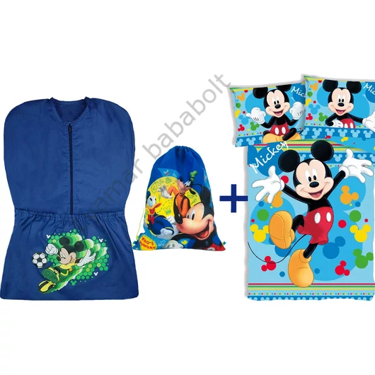 3 részes Disney Mickey ovis szett focis mintájú ovis zsákkal, &quot;Mickey és Barátai&quot; Mickey tornazsákkal és vidám Mickey egeres ovis ágyneműhuzattal.