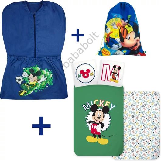 3 részes Disney Mickey ovis szett focis mintájú ovis zsákkal, &quot;Mickey és Barátai&quot; Mickey tornazsákkal és vidám Mickey egeres ovis ágyneműhuzattal.