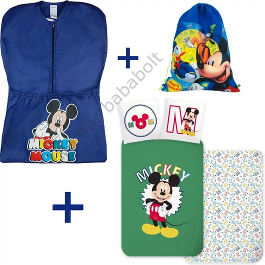 Disney Mickey 4 részes ovis zsák szett: kék Mickey ovis zsák, Mickey 'és Barátai' tornazsák, Mickey 'Letters' ovis ágyneműhuzat és hozzá illő paplan-párna szett.