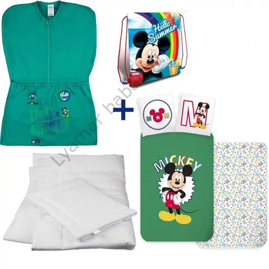 Disney Mickey 4 részes ovis zsák szett: türkiz, Mickey sportos ovis zsákkal, Mickey 'Hello Summer' tornazsák, Mickey 'Letters' ovis ágyneműhuzat és hozzá illő paplan-párna szett.