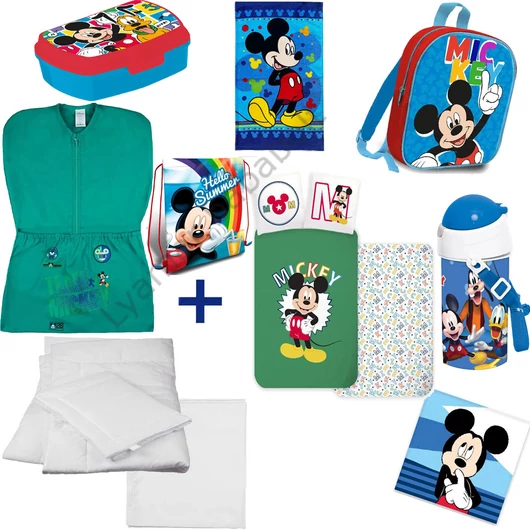 Disney Mickey Egér 10 részes ovis kezdőcsomag, mely tartalmazza az összes felszerelést: ovis zsákot, többféle táskát, komplett ágynemű szettet, kulacsot, uzsonnás dobozt és ovis törölközőket.