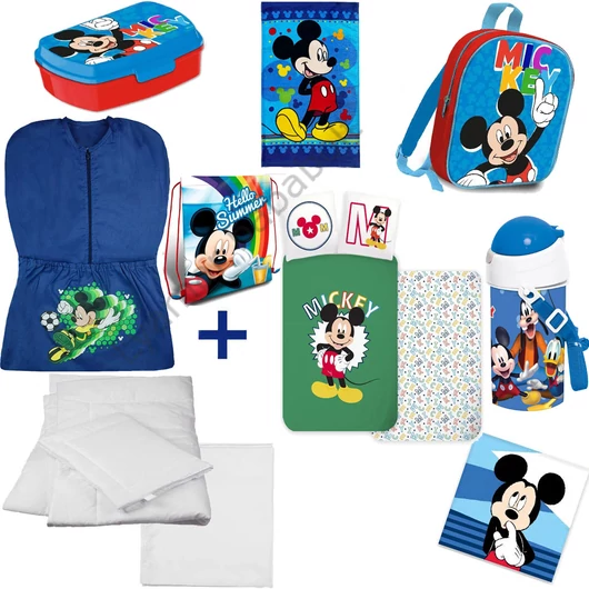 10 részes Disney Mickey Egér ovis kezdőcsomag, mely tartalmazza az összes ovis felszerelést: kék ovis zsákot, hátizsákot, tornazsákot, komplett ágynemű szettet, kulacsot, uzsonnás dobozt és kétféle ovis törölközőt.