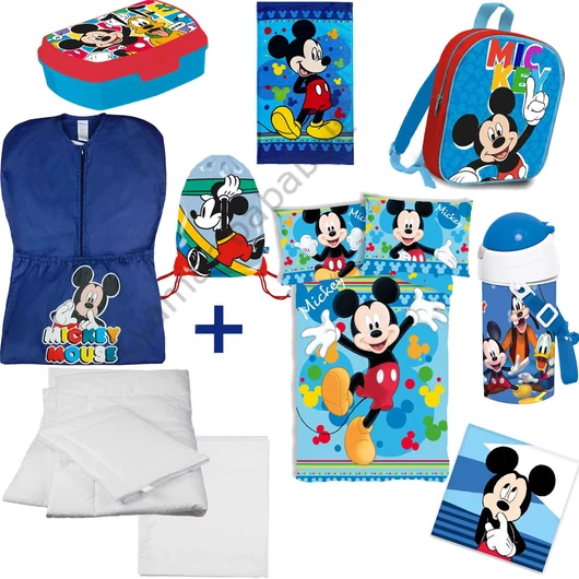 Disney Mickey Egér 10 részes ovis kezdőcsomag, mely tartalmazza az összes felszerelést: ovis zsákot, többféle táskát, komplett ágynemű szettet, kulacsot, uzsonnás dobozt és ovis törölközőket.