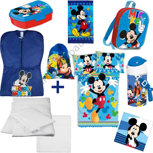 10 részes Disney Mickey Egér ovis kezdőcsomag, mely tartalmazza az összes ovis felszerelést: kék ovis zsákot, hátizsákot, tornazsákot, komplett ágynemű szettet, kulacsot, uzsonnás dobozt és kétféle ovis törölközőt.