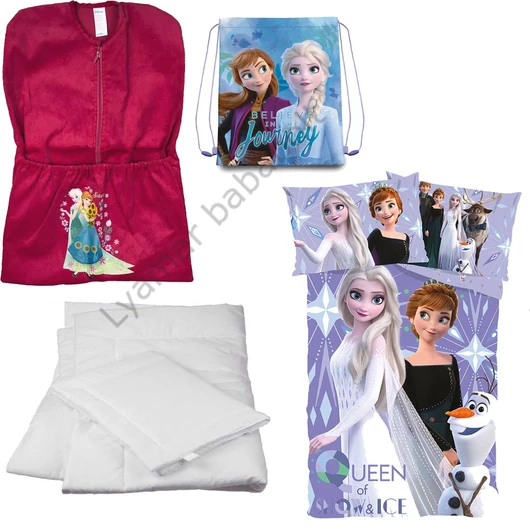 Disney Jégvarázs 4 részes ovis zsák szett: sötétrózsaszín ovis zsák, 'Believe in the Journey' hátizsákos tornazsák, Jégvarázs mintás ovis ágyneműhuzat és hozzá illő paplan-párna szett.