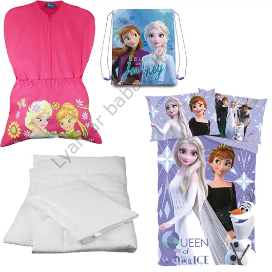 Disney Jégvarázs 4 részes ovis zsák szett: rózsaszín ovis zsák, 'Believe in the Journey' hátizsákos tornazsák, Jégvarázs mintás ovis ágyneműhuzat és hozzá illő paplan-párna szett.