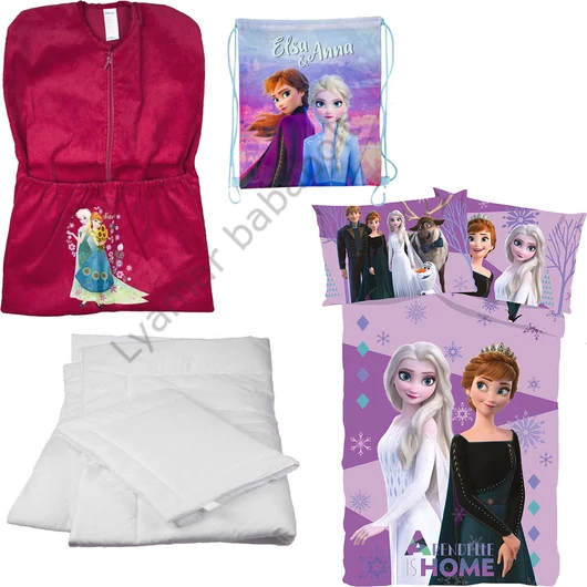Disney Jégvarázs 4 részes ovis zsák szett: rózsaszín ovis zsák, Jégvarázs &quot;Elsa &amp; Anna&quot; hátizsákos tornazsák, Jégvarázs mintás ovis ágyneműhuzat és hozzá illő paplan-párna szett.