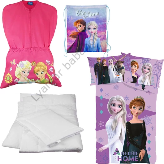 Disney Jégvarázs 4 részes ovis zsák szett: rózsaszín ovis zsák, Jégvarázs &quot;Elsa &amp; Anna&quot; hátizsákos tornazsák, Jégvarázs mintás ovis ágyneműhuzat és hozzá illő paplan-párna szett.
