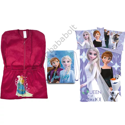 3 részes Disney Jégvarázs ovis szett rózsaszín Jégvarázs ovis zsákkal, kék-lila Elza és Anna tornazsákkal és Jégvarázs lila ágyneműhuzattal, 100x135 cm-s, ovis szabványméretben.