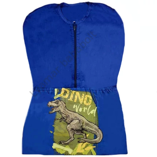 Kék, vállfás dinoszaurusz ovis zsák T-Rex mintával és 'DINO World' felirattal