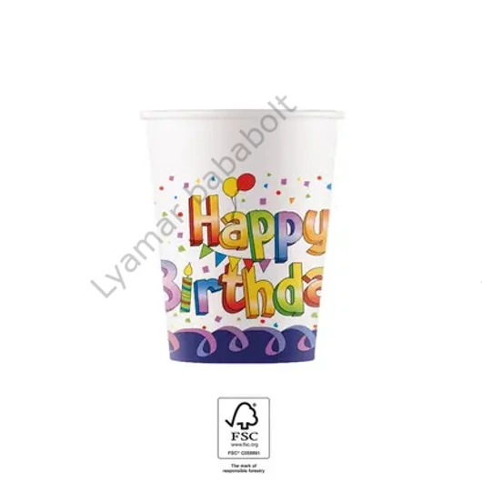 Happy Birthday Multicolor papír pohár 8 db-os 200 ml FSC