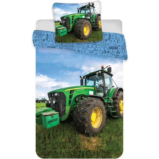 Traktor Green ovis ágyneműhuzat szett: nagy, zöld traktor zöld mezőn, a paplanhuzat kék, farmos mintás hátoldallal.