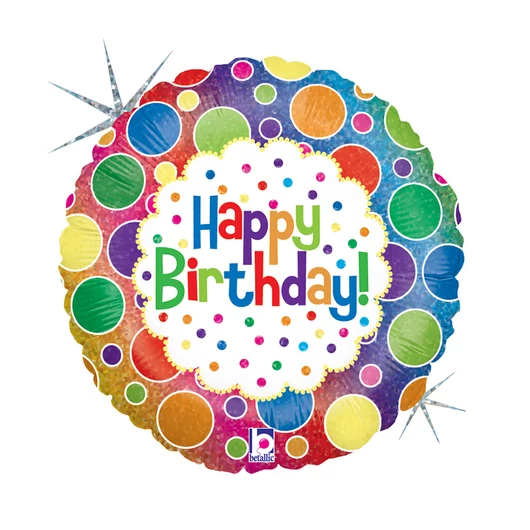 Happy Birthday Rainbow Dots Holo fólia lufi 46 cm