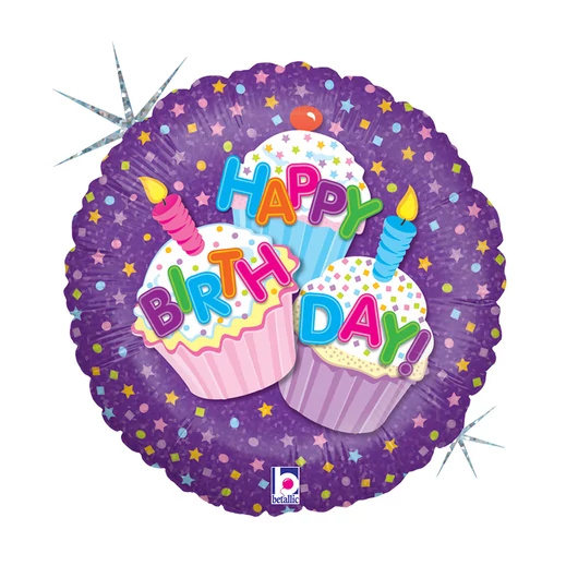Happy Birthday Cupcake Holo fólia lufi 46 cm