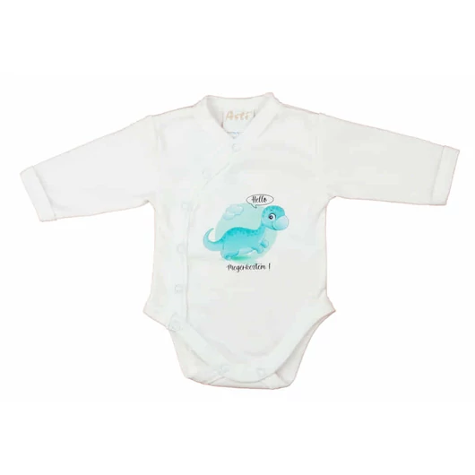 Elöl patentos hosszú ujjú baba body "Hello megérkeztem" mintával