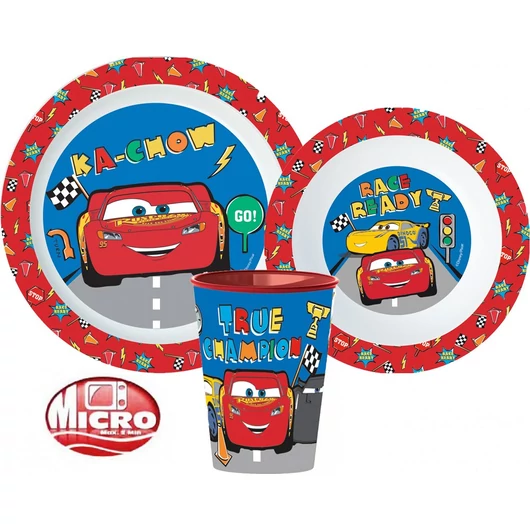Disney Verdák Lets Race étkészlet, micro műanyag szett, pohárral 260 ml