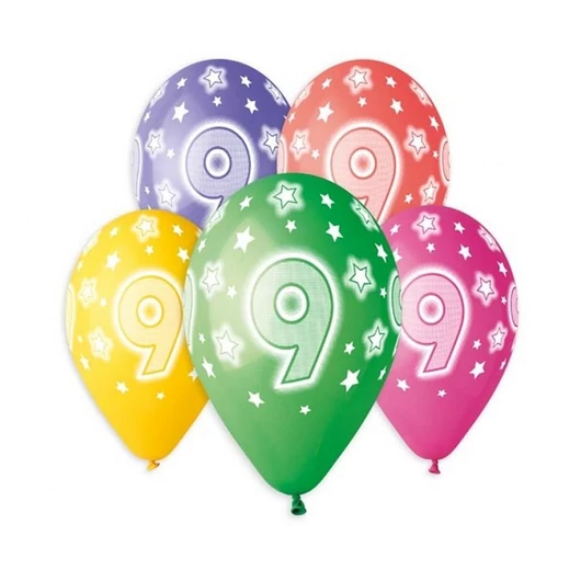 Happy Birthday 9 Star léggömb, lufi 5 db-os 13 inch (33 cm)