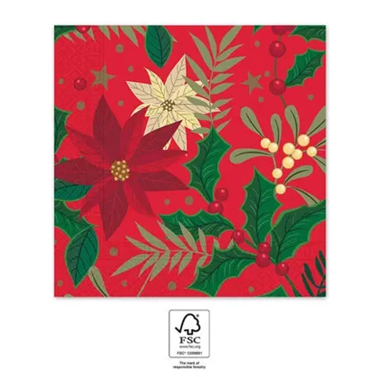 Karácsonyi Holly Poinsettia szalvéta 20 db-os 33x33 cm FSC