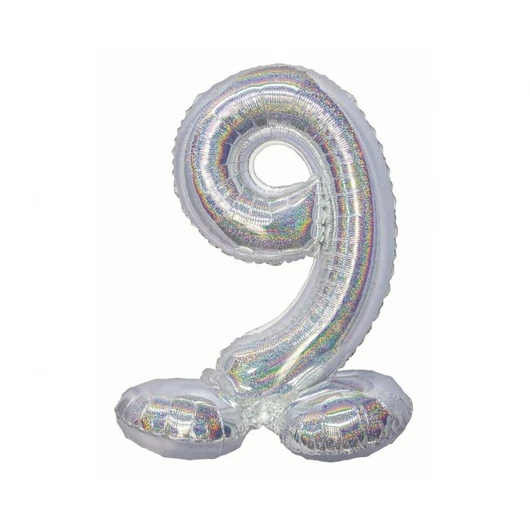 Ezüst Holographic Silver 9-es szám fólia lufi talppal 72 cm